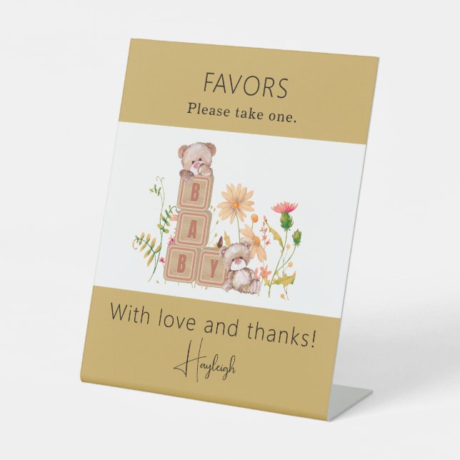 Signe De Table Bloc de bébé, ours et fleurs sauvages Favor (Recto)