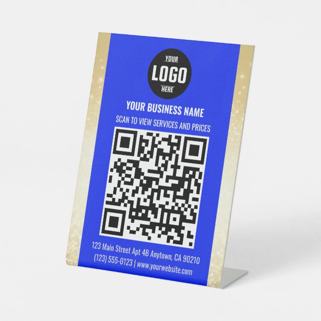 Signe De Table Blue & Gold Business QR Code Pedestal Sign (Recto)