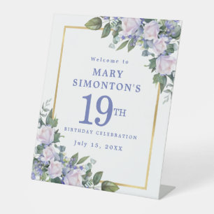 Signe De Table Blue White Gold Floral 19e anniversaire Bienvenue