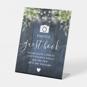 Signe De Table Blue Wood String Light Greenery Photo Livre d'or