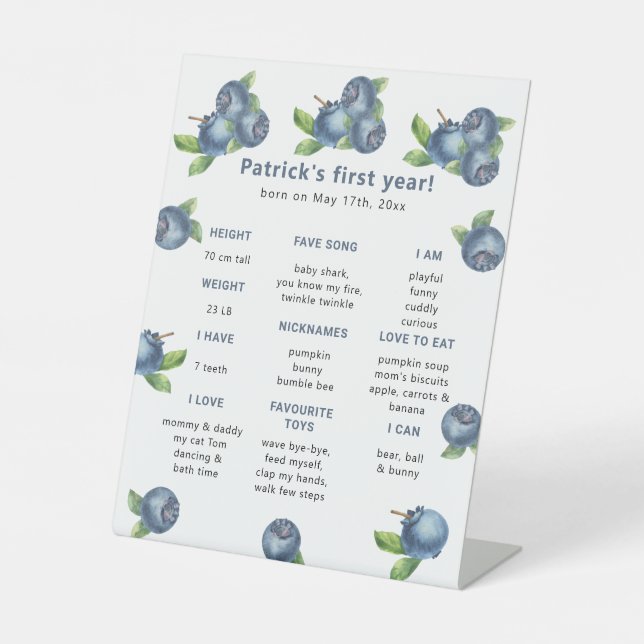 Signe De Table Blueberry Premier anniversaire Jalon Anniversaire (Recto)