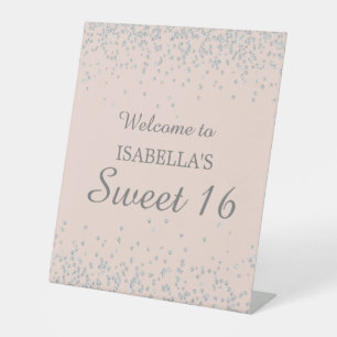 Signe De Table Blush rose pailleté argent Bienvenue Nom Sweet 16