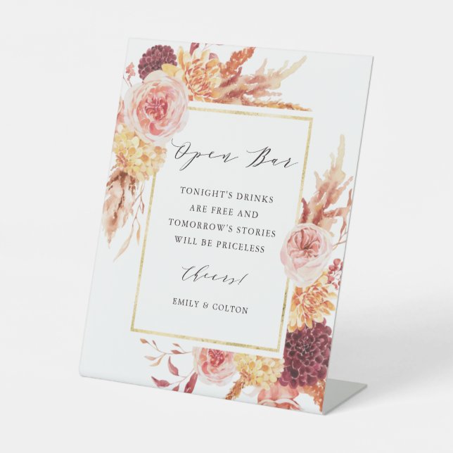 Signe De Table Boho Burgundy Terracotta Floral Mariage Open Bar  (Recto)