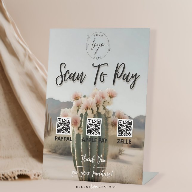 Signe De Table Boho | Cactus à fleurs | Code QR | Signal de paiem (Créateur téléchargé)