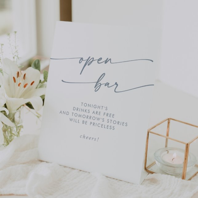 Signe De Table Boho Chic Ardoise Bleu Open Bar Mariage (Boho Chic Slate Blue Open Bar Wedding Pedestal Sign)