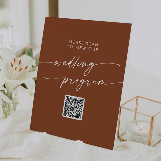 Signe De Table Boho Chic Terracotta QR Code Programme de mariage (Créateur téléchargé)