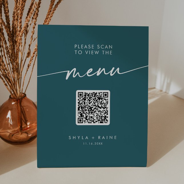 Signe De Table Boho Chic Turquoise Bleu QR Code Mariage Menu (Créateur téléchargé)