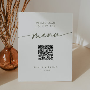 Signe De Table Boho Chic Vert et Blanc QR Code Code Mariage Menu