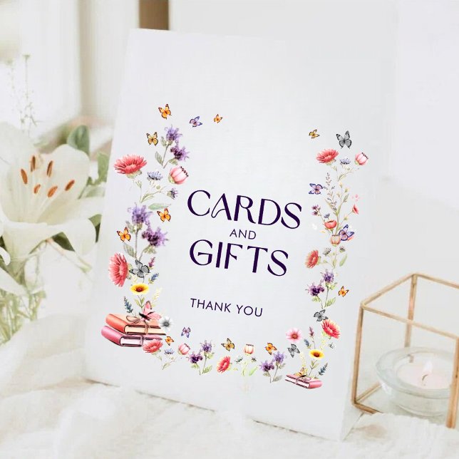 Signe De Table Boho Wildflower Bridal Shower Cards and Gifts (Boho watercolor wildflower cards and gifts sign for elegant purple bridal shower decor.)