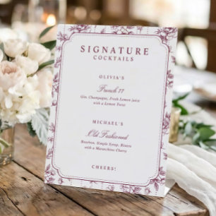 Signe De Table Boissons de mariage rouges à signature florale vin
