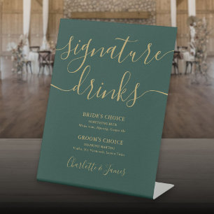 Signe De Table Boissons de signature de mariage à script or vert