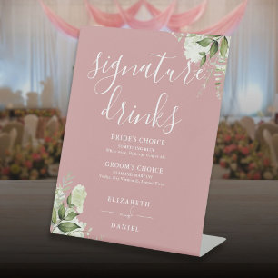 Signe De Table Boissons de signature de mariage floral rose pouss