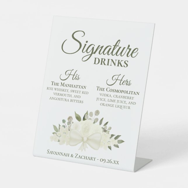 Signe De Table Boissons de signature Mariage Roses et fleurs blan (Recto)