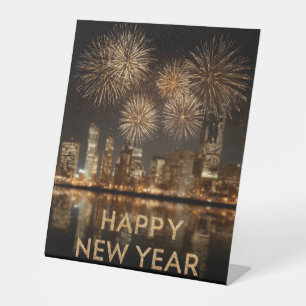 Signe De Table "Bonne année" avec feux d'artifice sur une ville