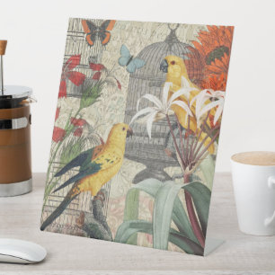 Signe De Table Botanique Vintage Oiseaux Nature Tropical Antique 