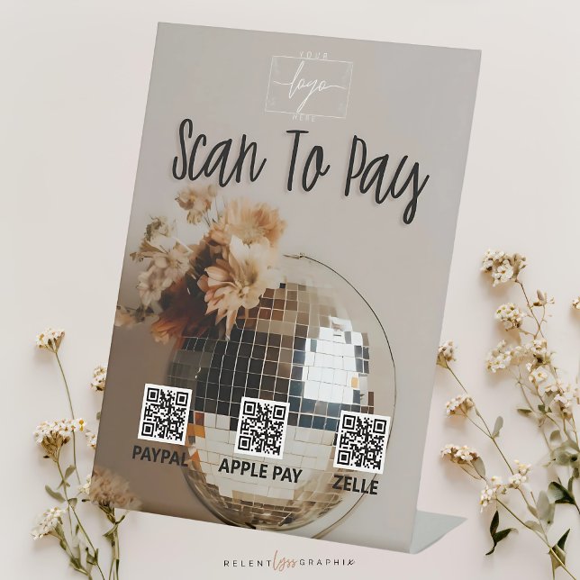 Signe De Table Boule Disco | Fleurs Boho | Code QR | Signal de pa (Créateur téléchargé)