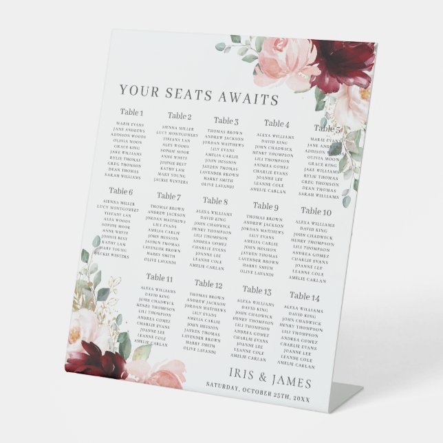 Signe De Table Bourgogne Blush Floral Mariage Seating Await (Recto)