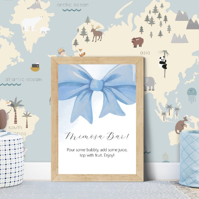 Signe De Table Bow Baby shower bleu Dusty Mimosa Bar (Dusty Blue Watercolor Bow Baby Shower Mimosa Bar Pedestal Sign)