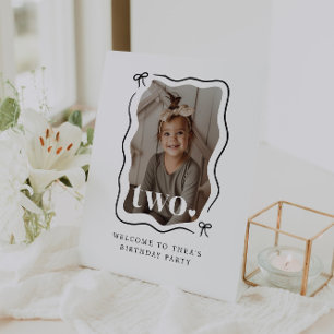 Signe De Table Bow Wavy Border Photo 2nd Birthday Affiche de bien