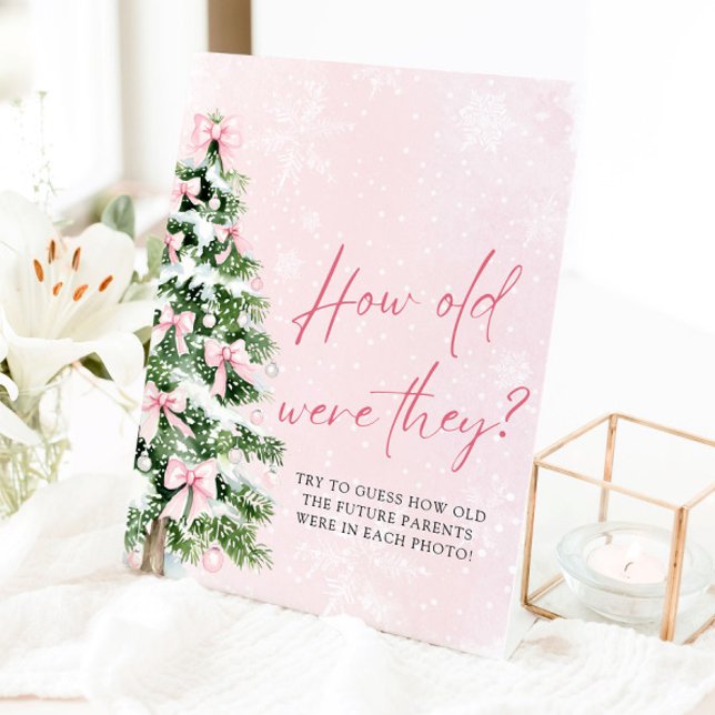 Signe De Table Bows Noël Quel Âge Ont-Ils Été Baby shower Jeu (Pink Bows Christmas How Old Were They Baby Shower Game Sign)