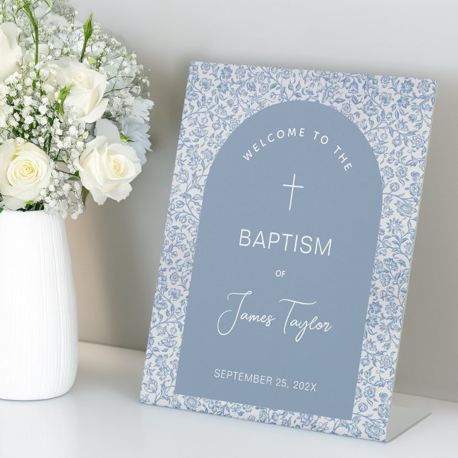 Signe De Table Boy Baptism Arch Blue White Floral Pattern Welcome (Créateur téléchargé)