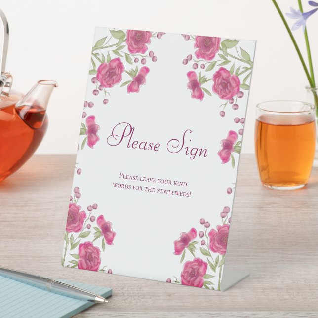 Signe De Table Bright Pink Rose Wedding Guest Book Sign (In SItu)