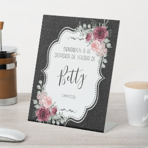 Signe De Table Brillantina Negra y Rosas Signo de pedestal