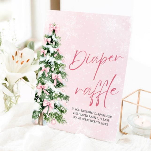 Signe De Table Brochure rose Arbre de Noël Baby shower Déchets Ra (Pink Bows Christmas Tree Baby Shower Diaper Raffle Pedestal Sign)