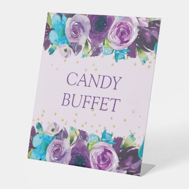 Signe De Table Buffet de bonbons Floral couleur bleu violet (Recto)