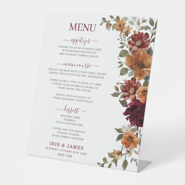 Signe De Table Burgundy Burnt Orange Floral Menu Mariage (Recto)