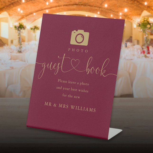 Signe De Table Burgundy Et Gold Heart Script Photo Livre D'Invité (Burgundy And Gold Heart Script Photo Guest Book Pedestal Sign)