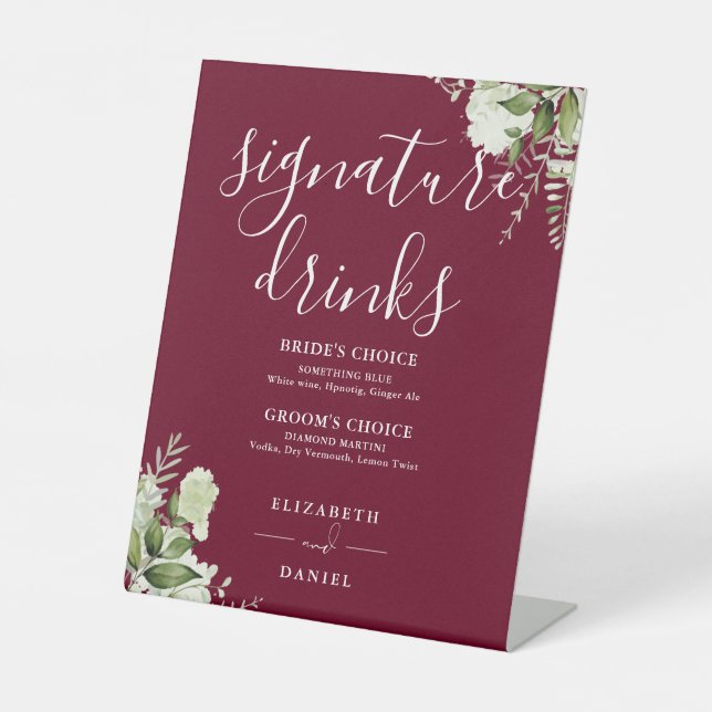 Signe De Table Burgundy Floral Mariage Signature Boissons (Recto)