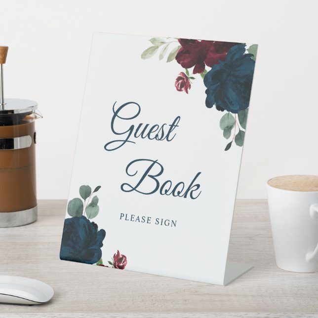 Signe De Table Burgundy & Navy Floral Rustic Wood Guest Book Sign (In SItu)
