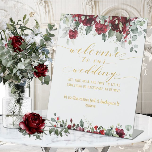 Signe De Table Burgundy Red Peony & Gold Fancy Font Calligraphie (Créateur téléchargé)