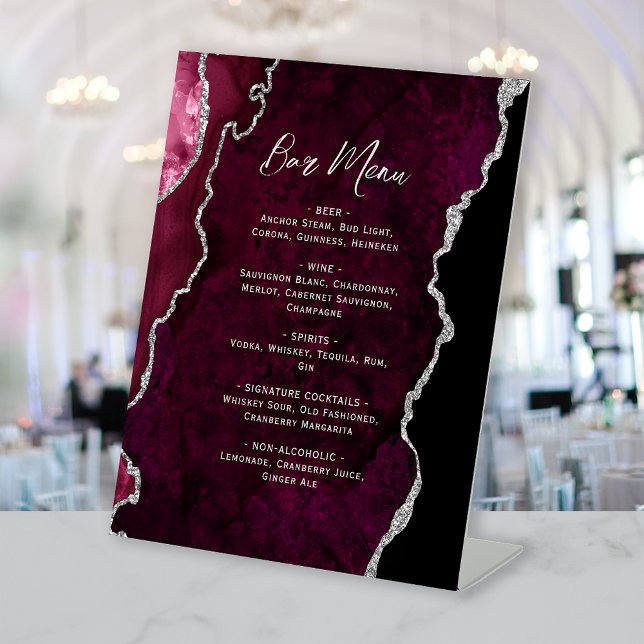 Signe De Table Burgundy Silver Agate Wedding Bar Menu (Créateur téléchargé)