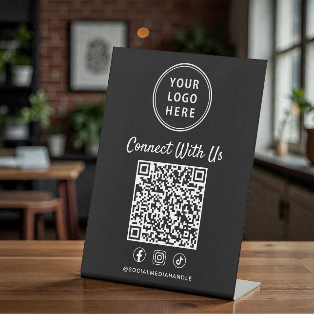 Signe De Table Business Logo QR Code Black Tabletop (Business Logo QR Code Black Tabletop Pedestal Sign)