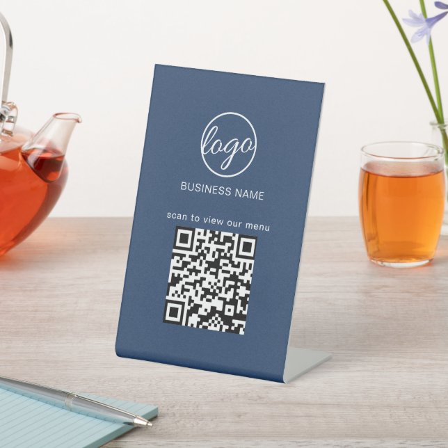 Signe De Table Business Logo QR Code Restuarant Menu Navy Blue (In SItu)