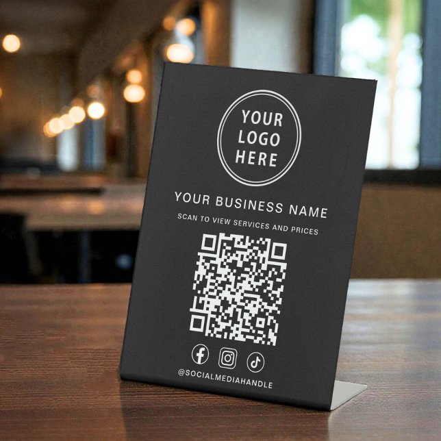 Signe De Table Business Logo QR Code Social Media Black (Business Logo QR Code Social Media Black Pedestal Sign)