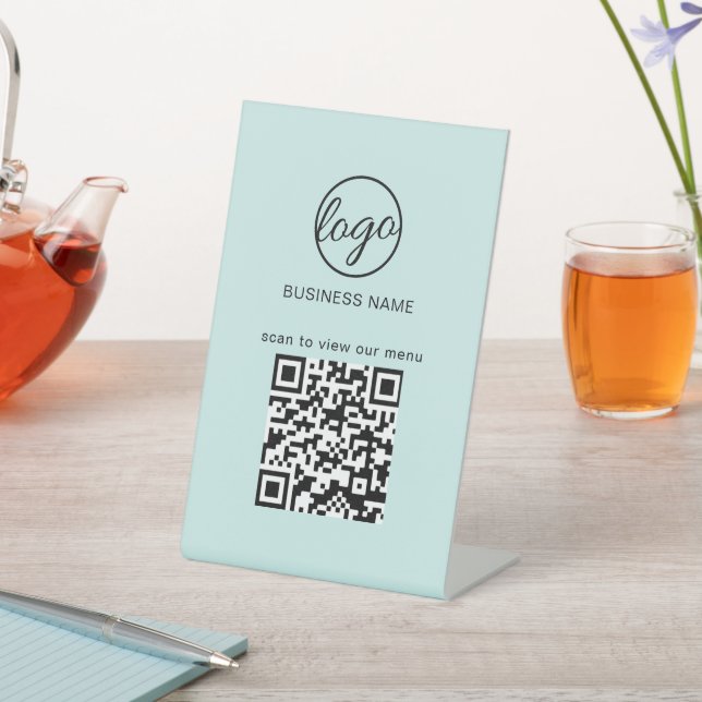Signe De Table Business Logo Restaurant Menu QR Code Turquoise (In SItu)