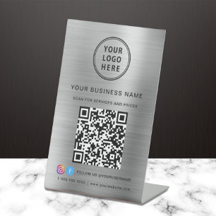 Signe De Table Business Logo Scan Me QR Code Social Media Silver