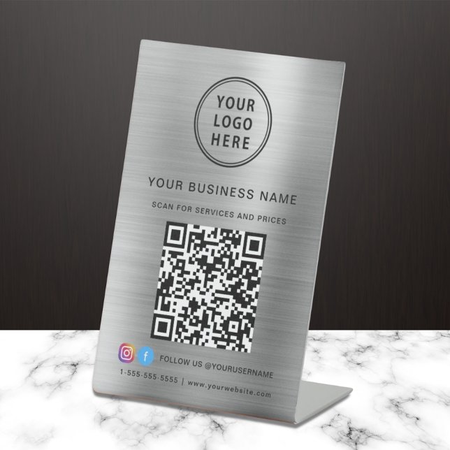 Signe De Table Business Logo Scan Me QR Code Social Media Silver (Créateur téléchargé)