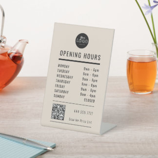 Signe De Table Business Opening Hours Black on Beige Logo QR Code