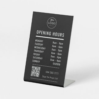 Signe De Table Business Opening Hours on Black with Logo QR Code