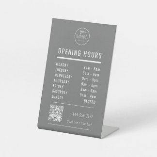 Signe De Table Business Opening Hours with Logo QR Code on Gray