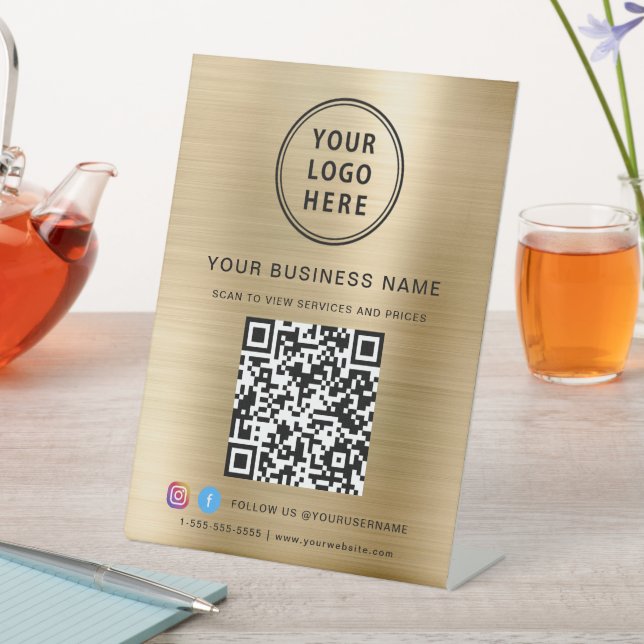 Signe De Table Business QR Code Logo Médias sociaux Gold (In SItu)