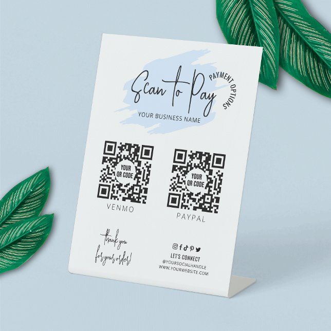 Signe De Table Business Scannable 2 codes QR Paiement bleu clair (Make modern payment signs for your business with this light blue watercolor pedestal sign design)