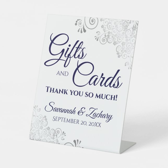 Signe De Table Cadeaux et cartes de mariage Lacy Silver Navy sur  (Recto)