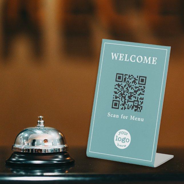 Signe De Table Cadet Blue Restaurant Bar Café Menu QR Code Logo (Cadet Blue Restaurant Bar Cafe Menu QR Code Logo Pedestal Sign)