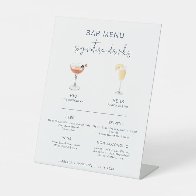 Signe De Table CAITLIN Navy Cocktail Signature Bar à boisson Menu (Recto)