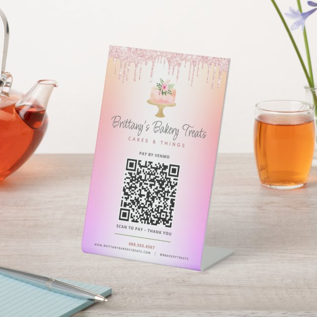 Signe De Table Cake Blush Rose QR Code Paie Ici Parties scintilla (In SItu)